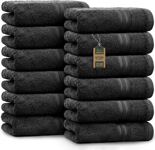 NatureMark 12er Pack Gästetücher Premium Qualität 30x50 cm GÄSTEHANDTUCH Frottiertuch-Set 100% Baumwolle Farbe: Schwarz