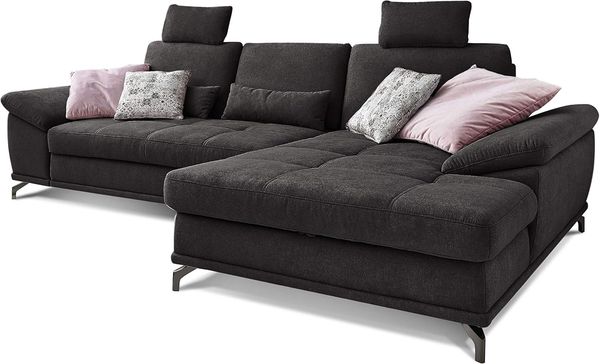 Cavadore Ecksofa Castiel mit Federkern / Großes Sofa in L-Form mit Sitztiefenverstellung, Kopfstützen und XL-Longchair / 312 x 114 x 173 / Webstoff, Schwarz