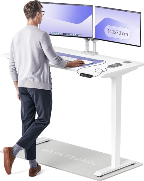Höhenverstellbarer Schreibtisch - Höhenverstellbar Elektrisch mit Flüsterleisem Dual-Motor & Touchscreen - Hohe Tragfähigkeit - Stehtisch von Desktronic, Weiß + Weiß, 140x70 cm