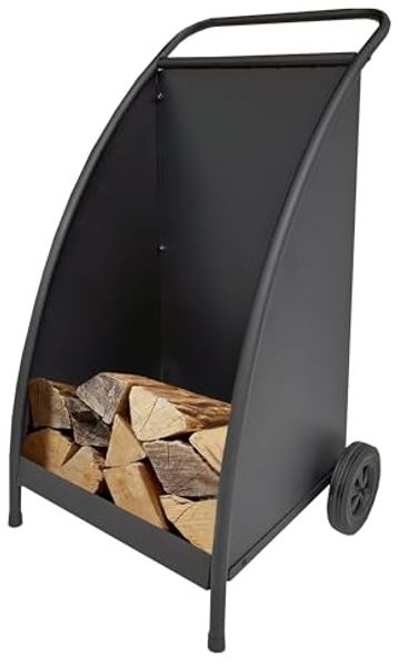 Kaminholzwagen aus Metall 50 x 53 x 88 cm – schwarz pulverbeschichtet mit Rollen, praktisch zum Transport von Holzscheiten