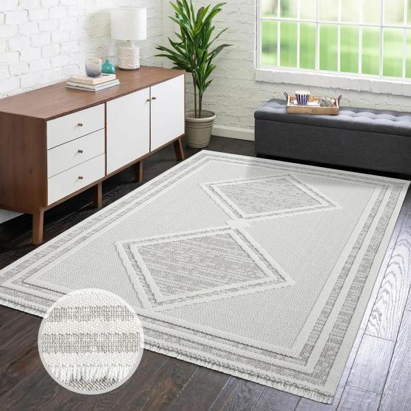 carpet city Teppich Kurzflor Wohnzimmer - Grau, Beige - 160x230 cm - Teppiche Fransen Boho-Style - Raute-Optik - Schlafzimmer, Esszimmer