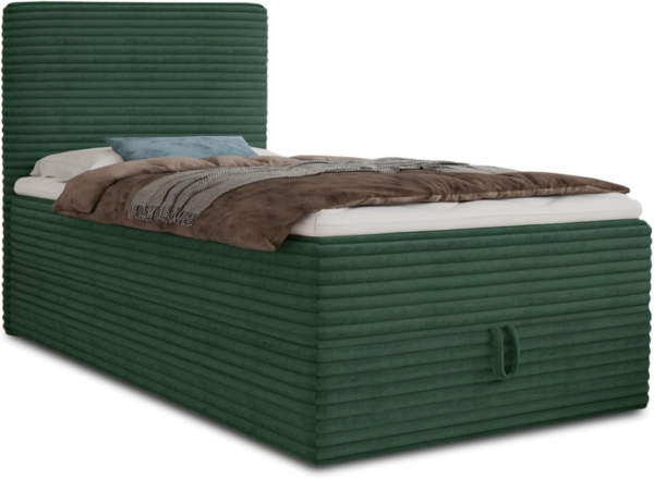Boxspringbett Mollo Mini mit Bettkasten und Matratzentopper - Einzelbett mit Bonell-Matratze und Topper, Polsterbett in weichem Cordstoff, Bett, Schlafzimmer (Grün (Tilia 39), 80 x 200 cm)
