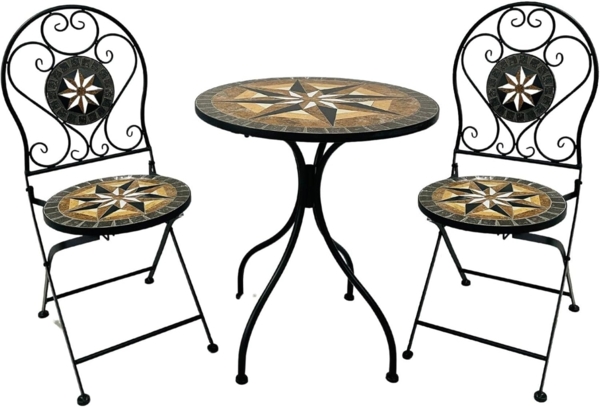 Wohnando Garten-Essgruppe Bistroset "Casper", Metalltisch, Metallmöbel, schwarz, Mosaik-Design, (3-tlg), bestehend aus 2 Stühlen und 1 Tisch, Braun Mix