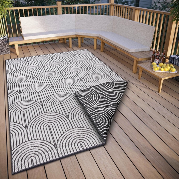 Hanse Home Pangli Outdoor Teppich Wetterfest – Wendeteppich Skandinavischer Boho Style Wasserfest Einfarbig Geometrisch 3D-Effekt für Garten, Balkon, Terrasse, Wohnzimmer – Schwarz, 120x170 cm