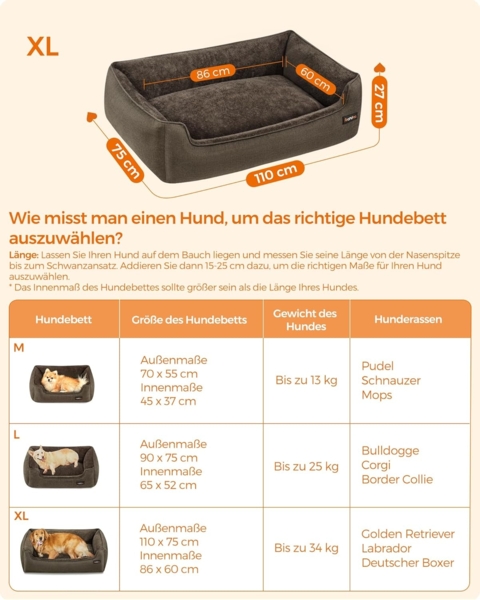 Feandrea Hundebett, Hundekissen in Leinenoptik, Hundekorb, erhöhte Ränder, rutschfeste Unterseite, Bezug abnehmbar waschbar, XL, für große Hunde, 110 x 75 x 27 cm, braun PGW12CC Bild 5