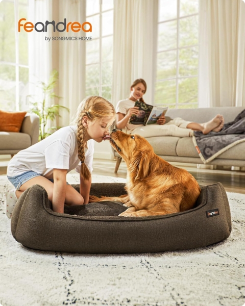 Feandrea Hundebett, Hundekissen in Leinenoptik, Hundekorb, erhöhte Ränder, rutschfeste Unterseite, Bezug abnehmbar waschbar, XL, für große Hunde, 110 x 75 x 27 cm, braun PGW12CC Bild 2