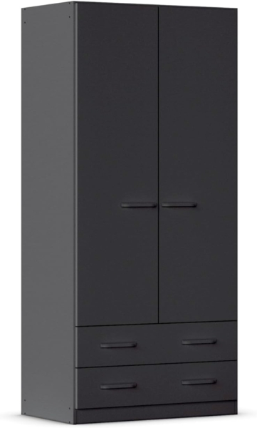 Rauch Möbel Prandon, Drehtürenschrank, Kleiderschrank, Kleiderschränke, Garderobe, Schrank mit Stauraum, 2-türig, 2 Schubladen, Farbe Grau metallic, Schwarz, Schalengriff, 91 x 197 x 54 cm