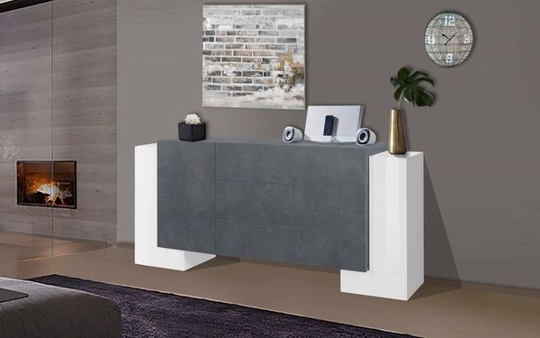 Dmora - Kommode Fabio, Küchen-Sideboard mit 2 Türen und 3 Schubladen, Wohnzimmer-Buffet, Küchen-Sideboard, 100 % Made in Italy, 210 x 45 x 85 cm, glänzendes Weiß und Schiefer