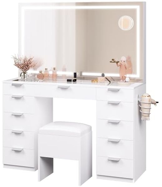 YITAHOME Schminktisch mit LED-Beleuchtung, 3 Farben mit Einstellbarer Helligkeit, Frisiertisch mit Spiegel für Make-up, Kosmetiktisch mit Steckdose, 11 Schubladen, modern, weiß