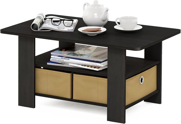 Furinno Andrey Couchtisch mit 2 Einschüben, Holzverbundwerkstoff, PVC-Rohre und Vliesbehälter, Espresso/Braun, 48. 01x48. 01x39. 62 cm