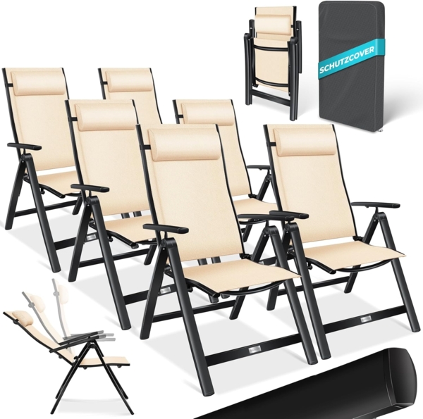 KESSER® Gartenstuhl Hochlehner mit Armlehnen | Aluminium Klappstuhl inkl. Kopfkissen Campingstuhl 7-Fach Verstellbar Rückenlehne | Atmungsaktiv & Wetterfest | Klappbar & Anti-Rutsch Beige, 6 Stück