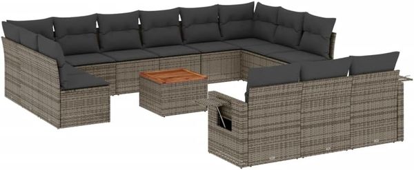 vidaXL 14-tlg. Garten-Sofagarnitur mit Kissen Grau Poly Rattan 3257138