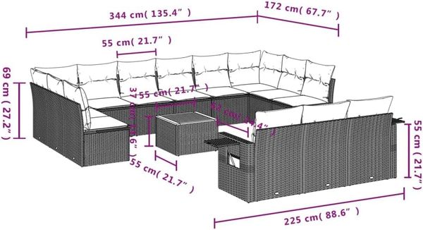 vidaXL 14-tlg. Garten-Sofagarnitur mit Kissen Grau Poly Rattan 3257138 Bild 3