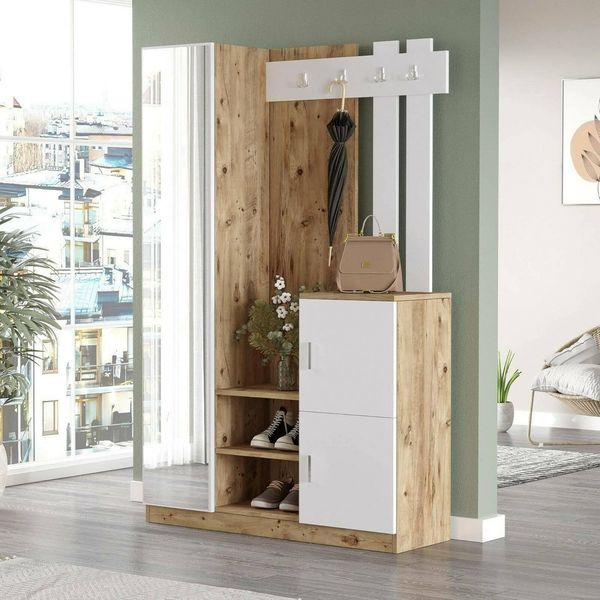 Dmora - Eingangsmöbel Australis, Moderner Eingang, Wandgarderobe, Multifunktions-Aufbewahrungskonsole, 114x38h180 cm, Eiche und Weiß