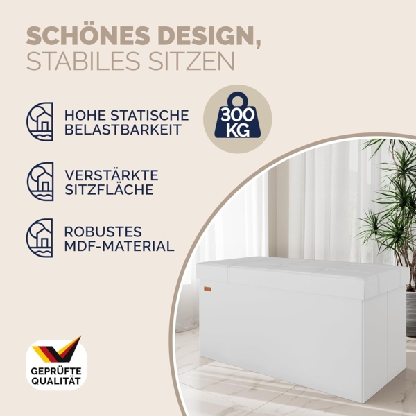 Casaria Sitztruhe mit Stauraum 80 x 40 x 40 cm Faltbar 100 L Gepolstert Deckel Kunstleder Wohnzimmer Schlafzimmer Sitzhocker Sitzbank Aufbewahrungsbox Weiß Bild 4