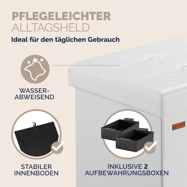 Casaria Sitztruhe mit Stauraum 80 x 40 x 40 cm Faltbar 100 L Gepolstert Deckel Kunstleder Wohnzimmer Schlafzimmer Sitzhocker Sitzbank Aufbewahrungsbox Weiß Bild 8
