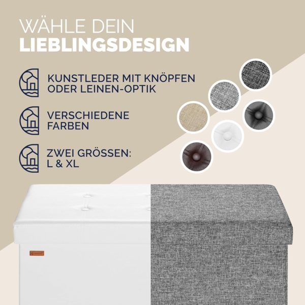 Casaria Sitztruhe mit Stauraum 80 x 40 x 40 cm Faltbar 100 L Gepolstert Deckel Kunstleder Wohnzimmer Schlafzimmer Sitzhocker Sitzbank Aufbewahrungsbox Weiß Bild 5