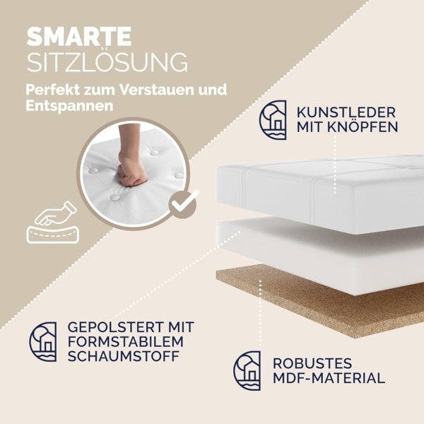 Casaria Sitztruhe mit Stauraum 80 x 40 x 40 cm Faltbar 100 L Gepolstert Deckel Kunstleder Wohnzimmer Schlafzimmer Sitzhocker Sitzbank Aufbewahrungsbox Weiß Bild 7