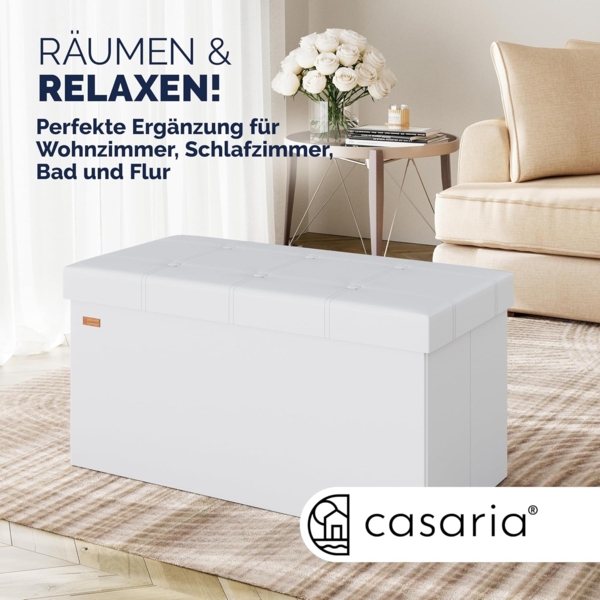 Casaria Sitztruhe mit Stauraum 80 x 40 x 40 cm Faltbar 100 L Gepolstert Deckel Kunstleder Wohnzimmer Schlafzimmer Sitzhocker Sitzbank Aufbewahrungsbox Weiß Bild 3