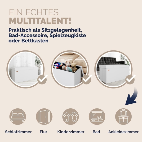 Casaria Sitztruhe mit Stauraum 80 x 40 x 40 cm Faltbar 100 L Gepolstert Deckel Kunstleder Wohnzimmer Schlafzimmer Sitzhocker Sitzbank Aufbewahrungsbox Weiß Bild 6