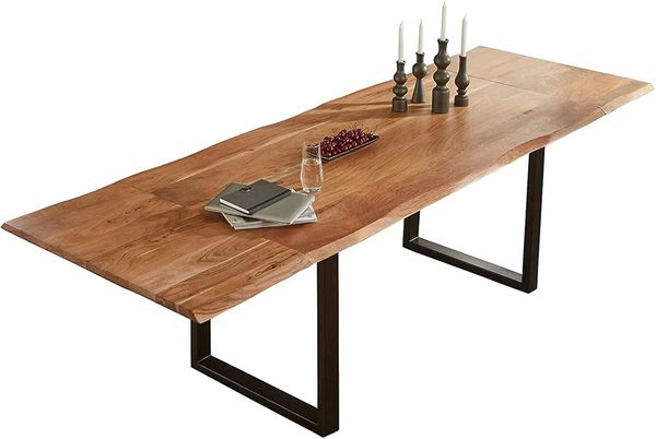 SAM Baumkantentisch 220 (320) x 100 cm Adina, Akazienholz naturfarben & massiv, Esszimmertisch mit 2 Ansteckplatten, Mattschwarzes U-Metallgestell, Platte 26mm