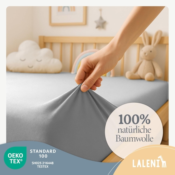 Laleni Jersey Spannbettlaken Babybett Kinderbett 60x120 cm - Oeko-Tex Zertifiziert, 100% Baumwolle, atmungsaktives Spannbetttuch Baby, 135 g/m², Moonlight Grey - grau Bild 3
