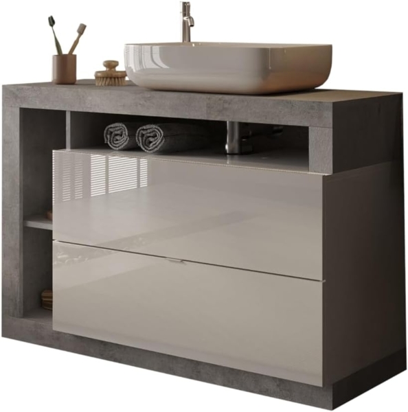Robas Lund Hamburg Waschtisch, Modern, Badezimmer, 110 x 92 x 49 cm, Weiß Hochglanz/Betonoptik, Holzwerkstoff, Keramik-Waschbecken, 2 Schubladen, Bodenstehend