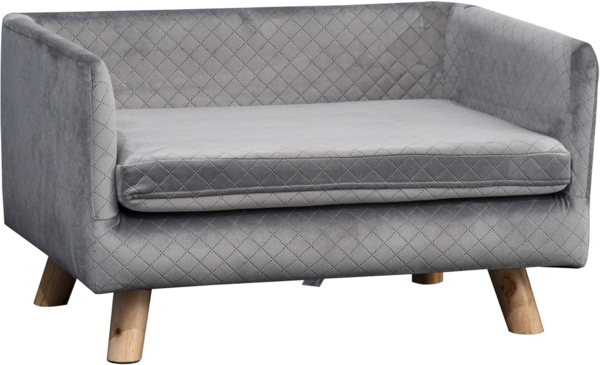 PawHut Tierbett Hundesofa mit Holzbeinen Hundebett für kleine Hunde bis zu 8 kg, samtartiges Polyester, Grau 64 x 45 x 36 cm