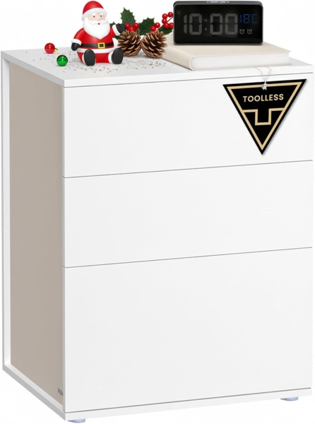 Vasagle Nachttisch, Beistelltisch 3 Schubladen, Nachtschrank modern, Schlafzimmer, Wohnzimmer, Mattweiß-cappuccinobeige