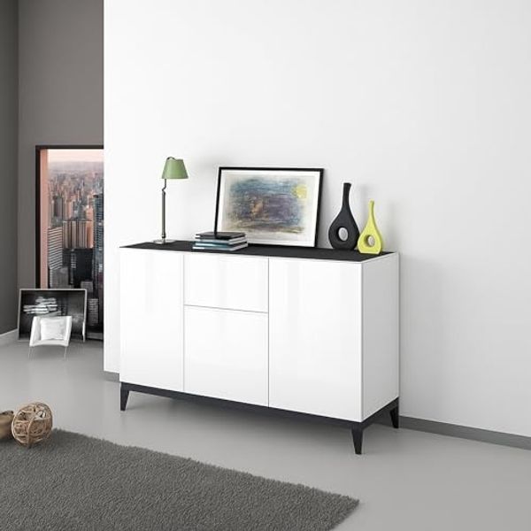 Dmora - Kommode Giorgio, Küchen-Sideboard mit 3 Türen und 1 Schublade, Wohnzimmer-Buffet, Küchen-Sideboard, 100 % Made in Italy, 120 x 40 x 82 cm, glänzendes Weiß und Schiefer