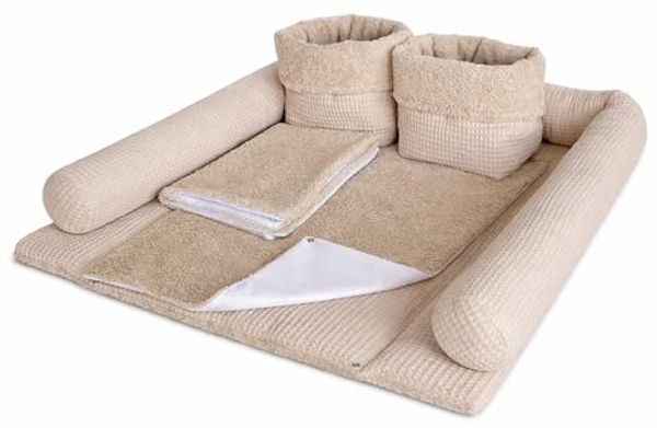 Wickelauflage Set 6-teilig – Wickelunterlage aus Waffelstoff & Frottee mit Druckknöpfen – Baby Wickelauflage – Wickeltischauflage – 85x75 cm (Breite x Tiefe), Altbeige