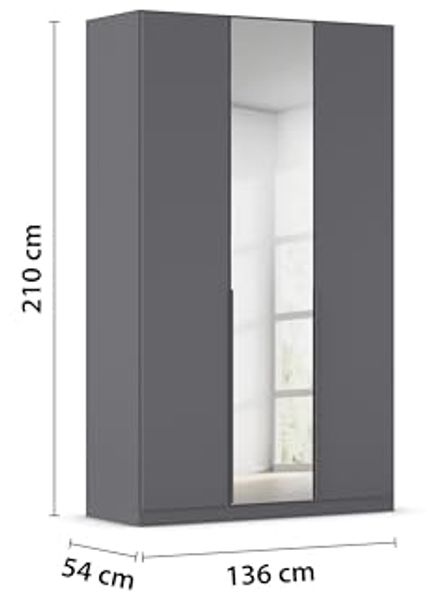 Rauch Möbel Alabama, Kleiderschrank, Garderobe, 3-türig, Spiegel, Zubehör Premium, 2 Kleiderstangen, 5 Einlegeböden, Schubladeneinsatz, Farbe Grau metallic, Schwarz, Griff Grau metallic, 136 x 210 x 54 cm Bild 3