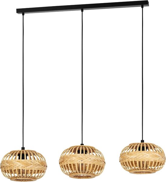 Eglo 43863 NATURE Hängeleuchte AMSFIELD 1 Stahl schwarz, Holz natur E27 3X40W L:96cm B:26cm H:110cm dimmbar