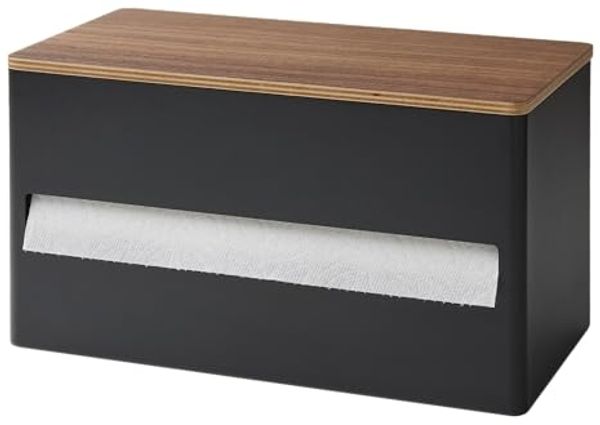Yamazaki Küchenrollenhalter Rin Design Rollenhalter Küchenrolle quer stehend mit Ablage aus Holz, hochwertig aus Metall im Querformat mit Holzablage