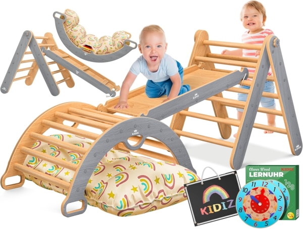 KIDIZ® Klettergerüst Montessori 7in1 Spiel-Set mit Kletterbogen Rutsche Kletterdreieck aus Holz inklusive Kissen, Tafel & Lern-Uhr | Indoor Spielplatz für Kleinkinder ab 1 Jahr & Kinder bis 3 Jahre Grau / Hellbraun