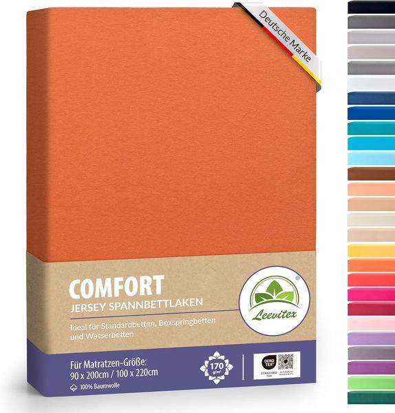 leevitex® Spannbettlaken, Premium 170g/m², Gummizug: rundum, schwer und dick, 100% Jersey-Baumwolle, Terrakotta / Dunkelorange, 90 x 200 - 100 x 220 cm