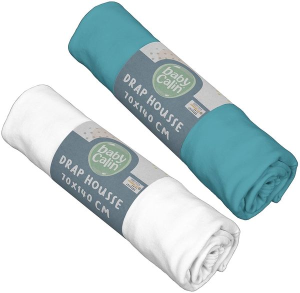 BabyCalin Spannbettlaken, 70 x 140 x 17 cm, 2 Stück tropisches blau/weiß