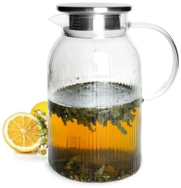 Glaskaraffe 1,5L mit Edelstahl Filter und Relief Wasserkrug Wasserkaraffe Glaskrug
