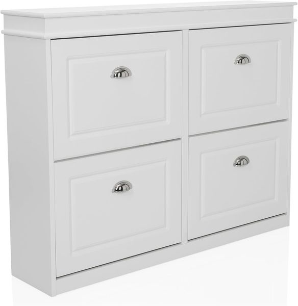 hjh LIVING Schuhschrank ESTHA 4 – Schrank mit 4 Klappen im Vintage-Landhausstil, Retro-Muschelgriffen & platzsparendem Design, Weiß