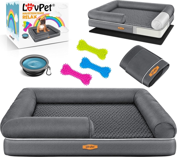 LovPet® Orthopädisches Hundebett Hundekissen Hundekorb Relax, Inkl. Napf + 3X Kauknochen, Hundesofa für Kleine, Mittelgroße & Große Hunde, Bezug abnehmbar und waschbar Anthrazit, M (91 x 71 x 25 cm)