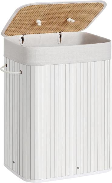 Songmics 72 L Wäschekorb, Wäschebox mit Deckel, Wäschesammler aus Bambus, mit Griffen，3 Fächern, faltbar, Baumwolle Wäschesack in der Maschine waschbar，Waschküche， weiß
