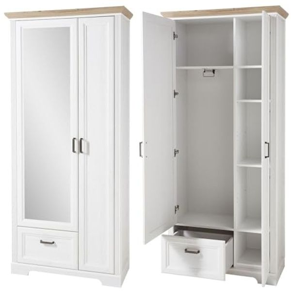 Landhaus Garderobenschrank mit Spiegel JÜLICH-36 in Pinie weiß mit Artisan Eiche, B/H/T: 93/204/41 cm