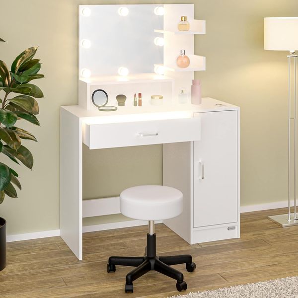 Casaria Schminktisch Jocelyn, mit Spiegel LED Beleuchtung Hocker Schminkkommode Schublade 90cm Weiß