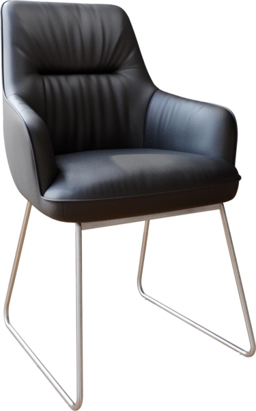 Esszimmerstuhl Zelia-Flex mit Armlehnen Echt-Leder Schwarz Kufengestell Edelstahl Taschenfederkern