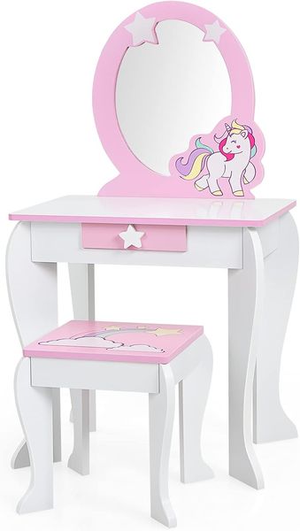 COSTWAY Kinder Schminktisch mit Hocker, rosa Frisierkommode, Prinzessin Frisiertisch mit Schublade & Abnehmbarer Spiegel, Schminkkommode für Mädchen von 3-7 Jahren (Weiß)