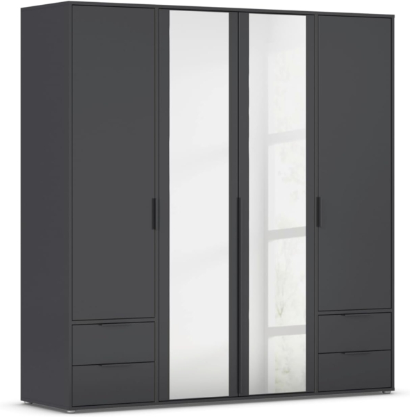 Rauch Möbel Nagata, Drehtürenschrank, Kleiderschrank, Kleiderschränke, Garderobe, 4-türig, 2 Spiegeltüren, 4 Schubladen, Spiegel/Glas teilaufgelegt, Farbe Grau metallic, Schwarz, 187 x 194 x 53 cm