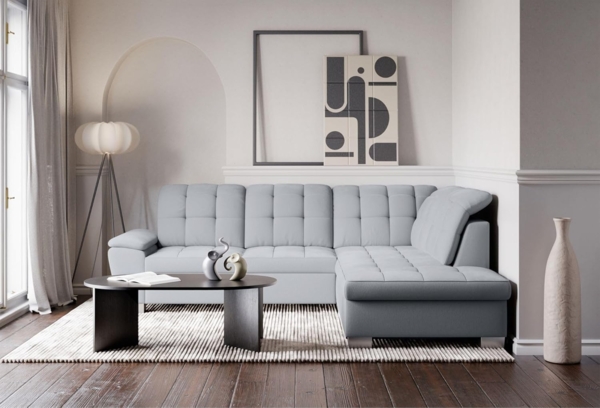 Selsey Couch 258x212 cm Ecksofa mit Schlaffunktion und Bettkasten, Modular Sectional Sofa, Stoff Verita Hellgrau, Verstellbare Kopfstützen, Komfort & Stil für Wohnzimmer & Gäste Rechtse Seite