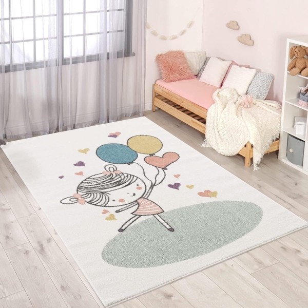 Carpet City Kinderteppich Anime9393, rechteckig, Höhe: 11 mm, Spielteppich, Mädchen, Herzen, Ballon, Weicher Flor, Pflegeleicht