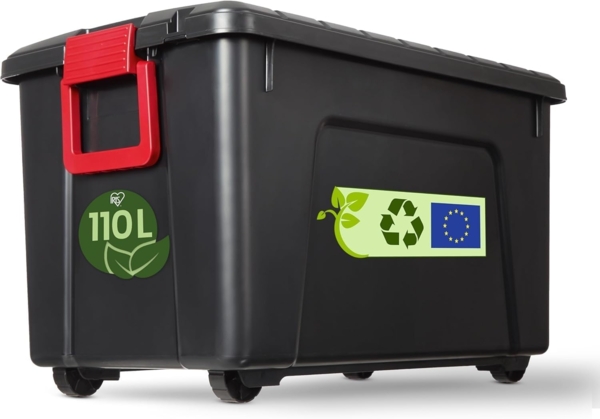 Iris Ohyama, Große Kunststoff-Aufbewahrungsbox, 110L, Garagen-box, Schwarz, Stapelbar, Robuste Schnappverschlüsse mit Griffen, SIA-110