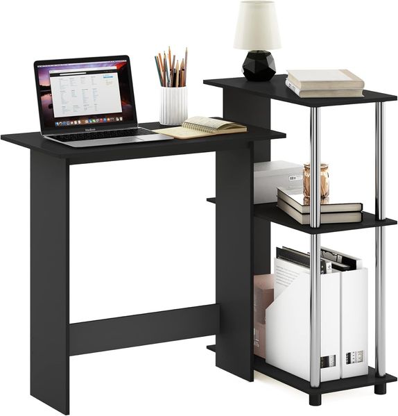 Furinno Abbott Eck-Computertisch mit Bücherregal, Americano, Edelstahlrohre